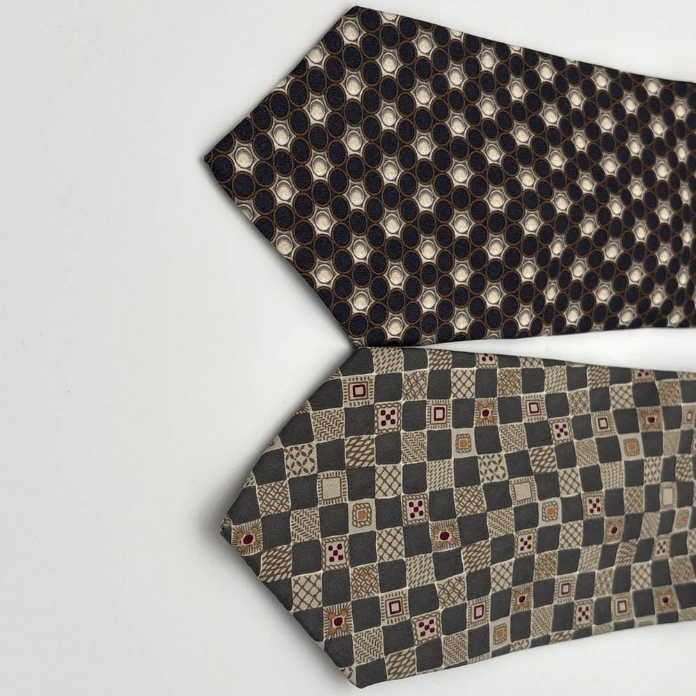90s Lot of 2 Valentino Cravatte Silk Ties Grey Check Blue Circles Geometric - Picture 3 of 3